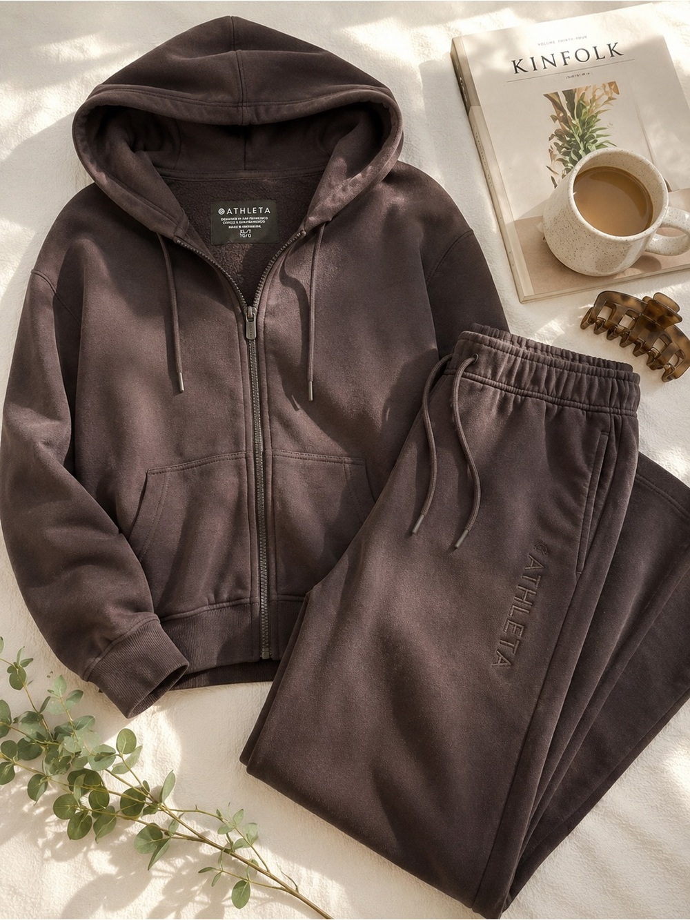 Athleta Matching Fleece Sweatsuit Set XL Tall Brown Zip Hoodie Wide Leg Pants